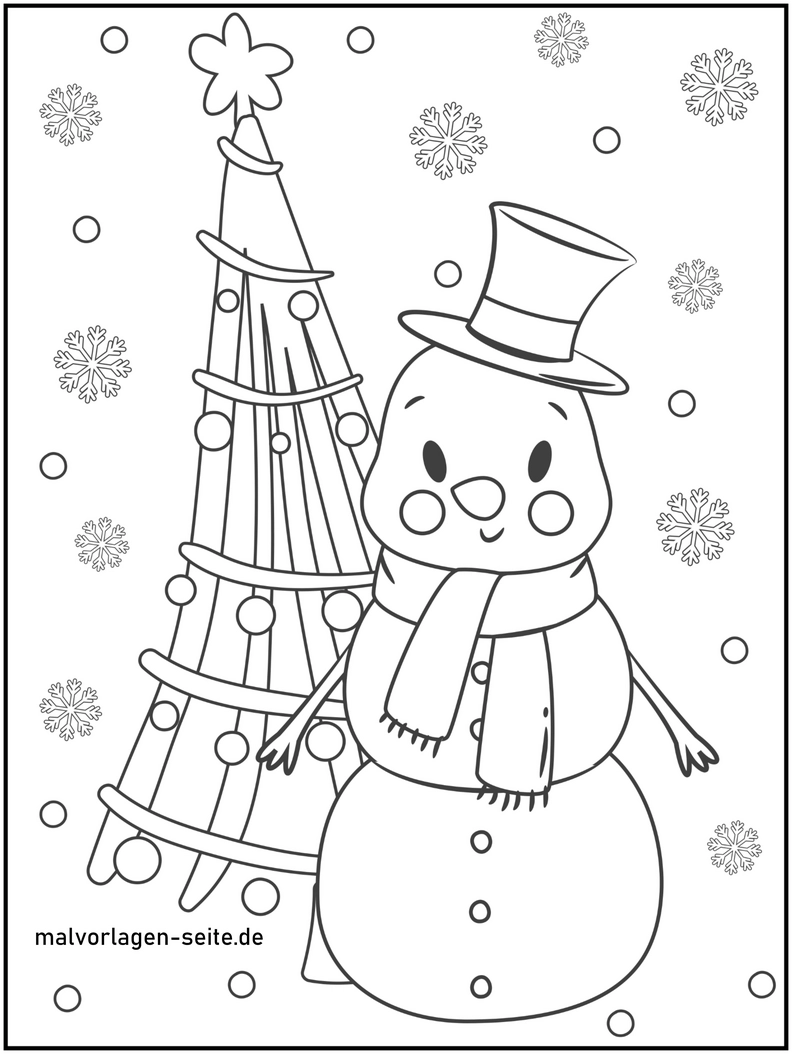 malvorlage-schneemann-und-tannenbaum-in-winterlandschaft