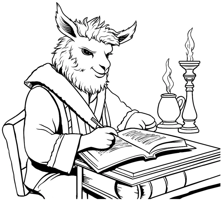 malvorlage-schreibendes-lama-in-entspannter-atmosphaere