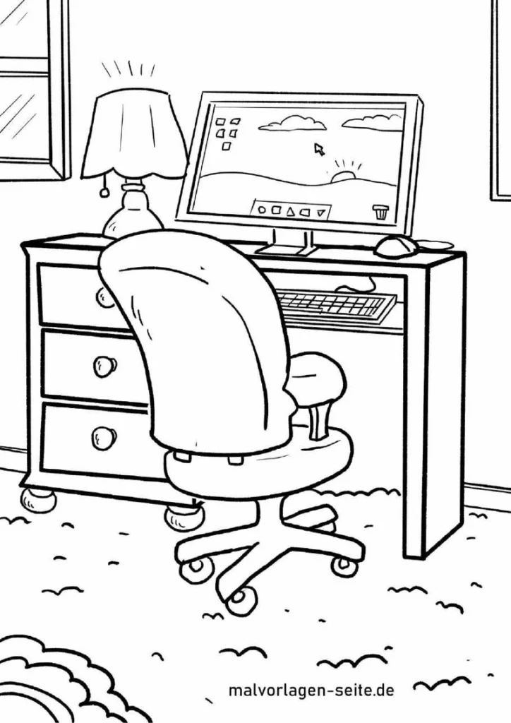 malvorlage-schreibtisch-mit-computer-und-lampe