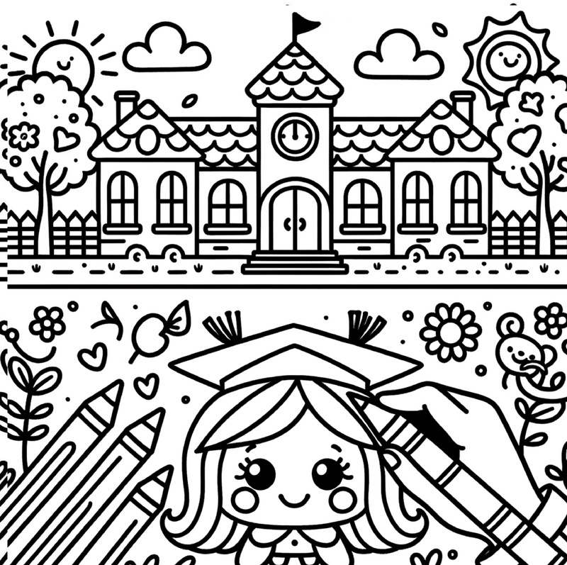 malvorlage-schulgebaeude-fröhliches-maedchen