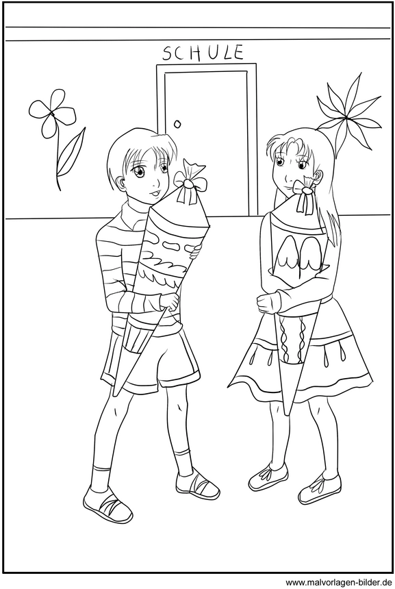 malvorlage-schultueten-mit-kindern-in-der-schule