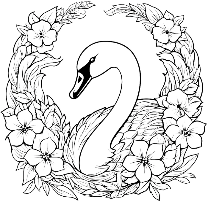 malvorlage-schwaene-umgeben-von-blumen