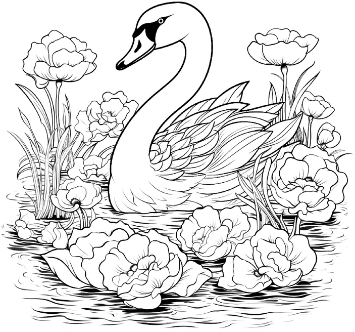 malvorlage-schwaene-und-blumen-im-wasser