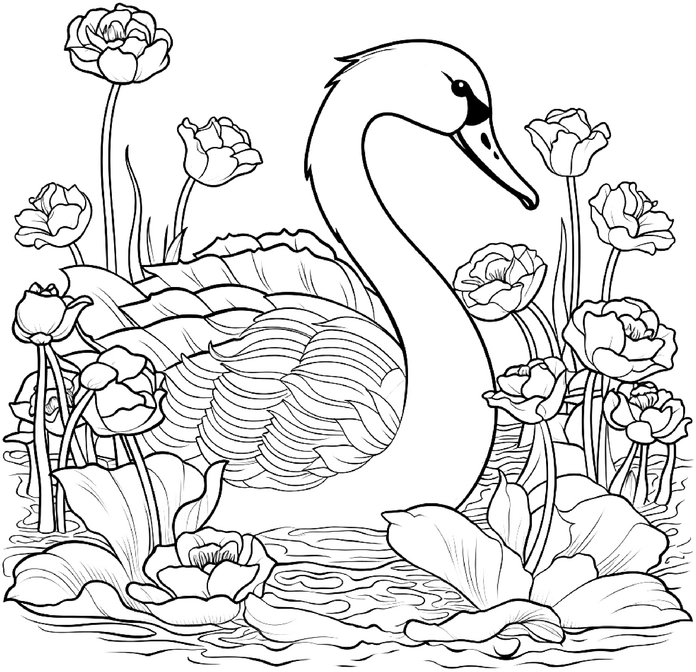 malvorlage-schwan-in-blumenmeer