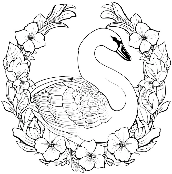 malvorlage-schwan-mit-blumen-und-pflanzen