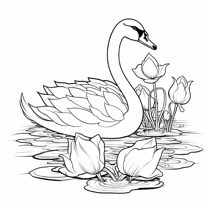 malvorlage-schwan-mit-lotusblumen-im-teich