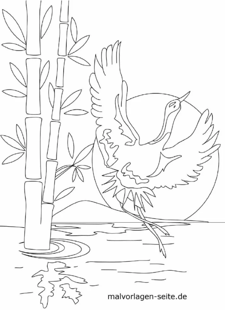 malvorlage-schwan-vor-mond-mit-bambus