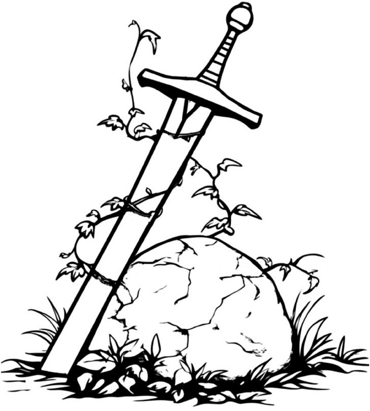 malvorlage-schwert-im-stein-mit-pflanzen