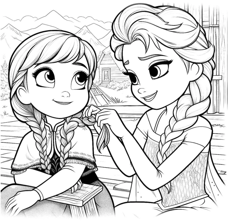 malvorlage-schwestern-haarflechten-in-der-natur