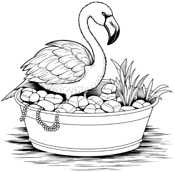 malvorlage-schwimmender-flamingo-mit-steinen-und-pflanzen