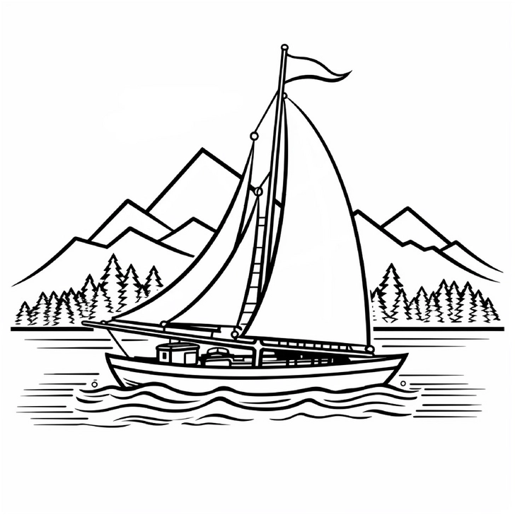 malvorlage-segelboot-in-der-natur-mit-bergen-und-waeldern