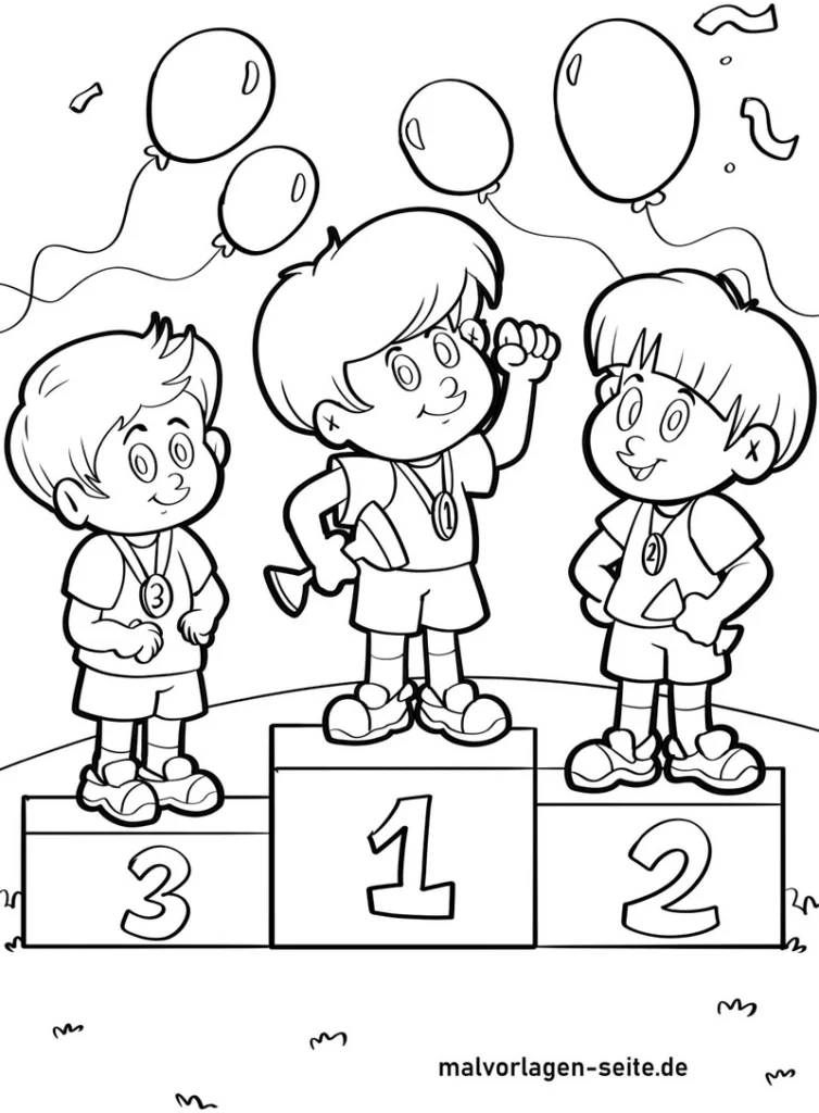 malvorlage-siegertreppchen-mit-kindern-und-luftballons