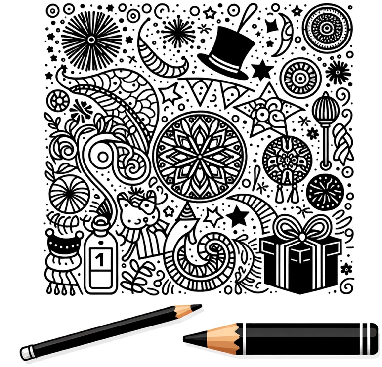 malvorlage-silvester-feierliche-symbole