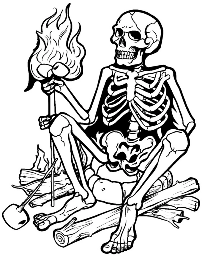 malvorlage-skelett-am-lagerfeuer-mit-marshmallow