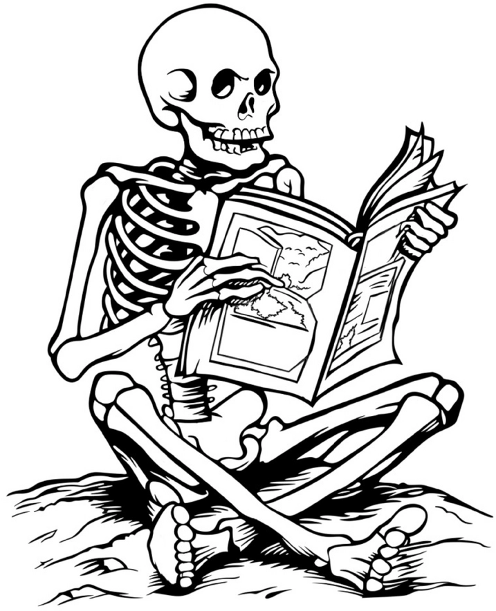 malvorlage-skelett-beim-lesen-eines-buches