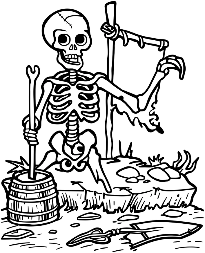 malvorlage-skelett-mit-flagge-und-schaufel