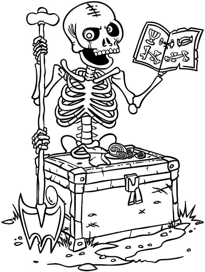 malvorlage-skelett-mit-schatztruhe-und-schaufel