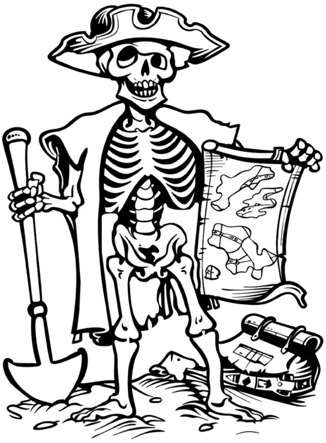 malvorlage-skelett-schatzsucher-mit-schatzkarte