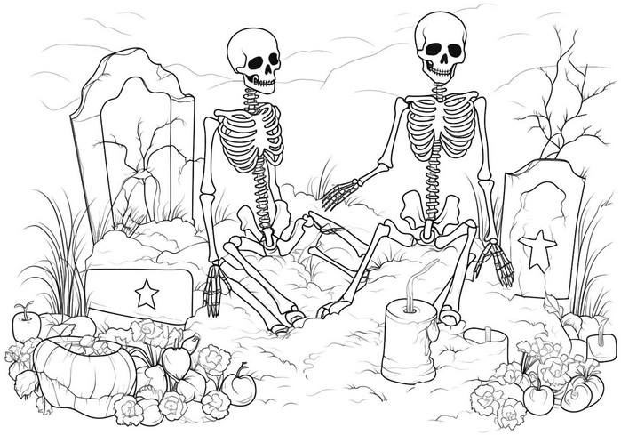 malvorlage-skelette-auf-dem-friedhof-fuer-halloween