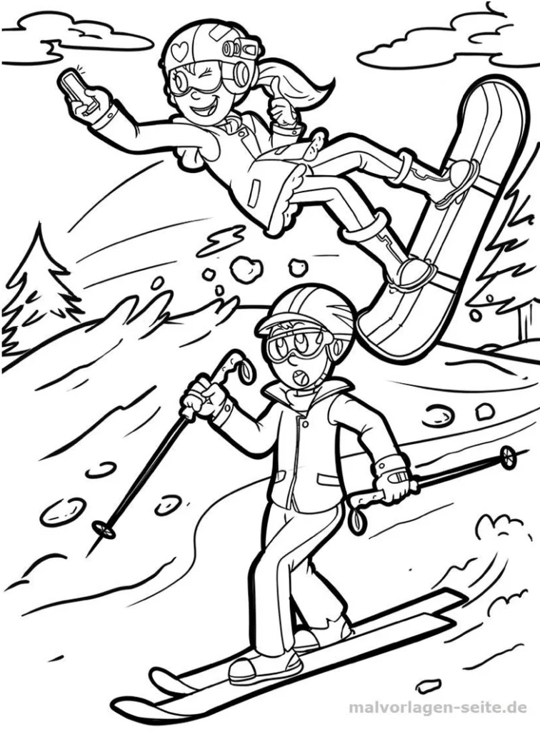 malvorlage-skifahren-fröhliche-kinder-im-schnee