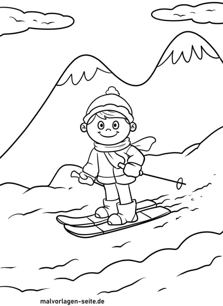 malvorlage-skifahrendes-kind-in-winterlandschaft