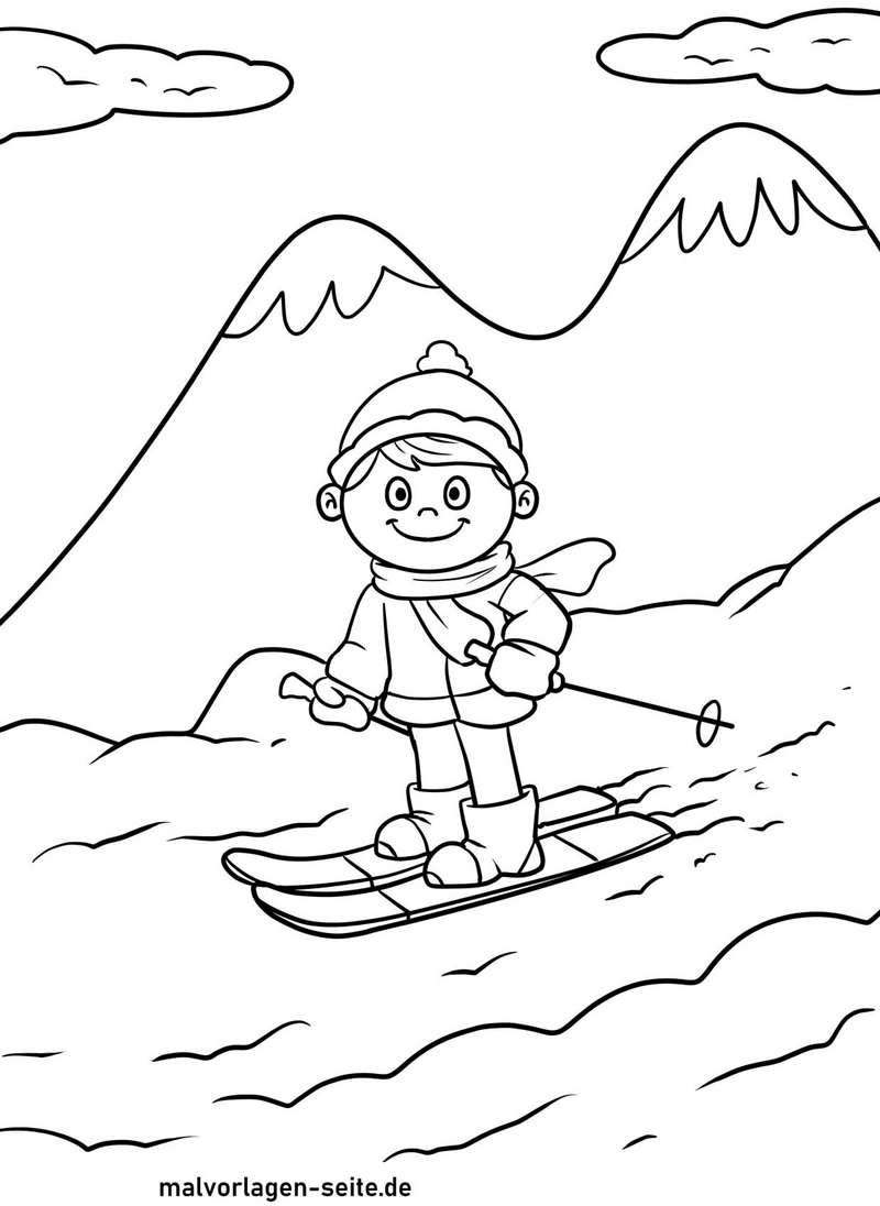malvorlage-skifahrendes-kind-in-winterlandschaft