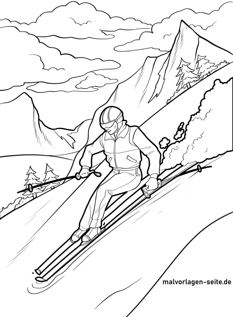 malvorlage-skifahrer-abfahrt-in-den-bergen
