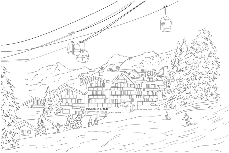 malvorlage-skihotel-mit-seilbahn-in-winterlandschaft