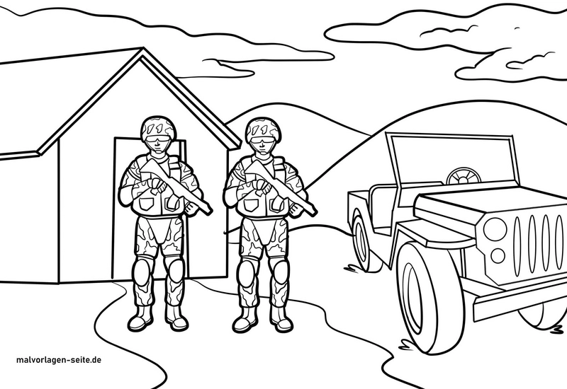 malvorlage-soldaten-vor-militaerzelt-und-jeep