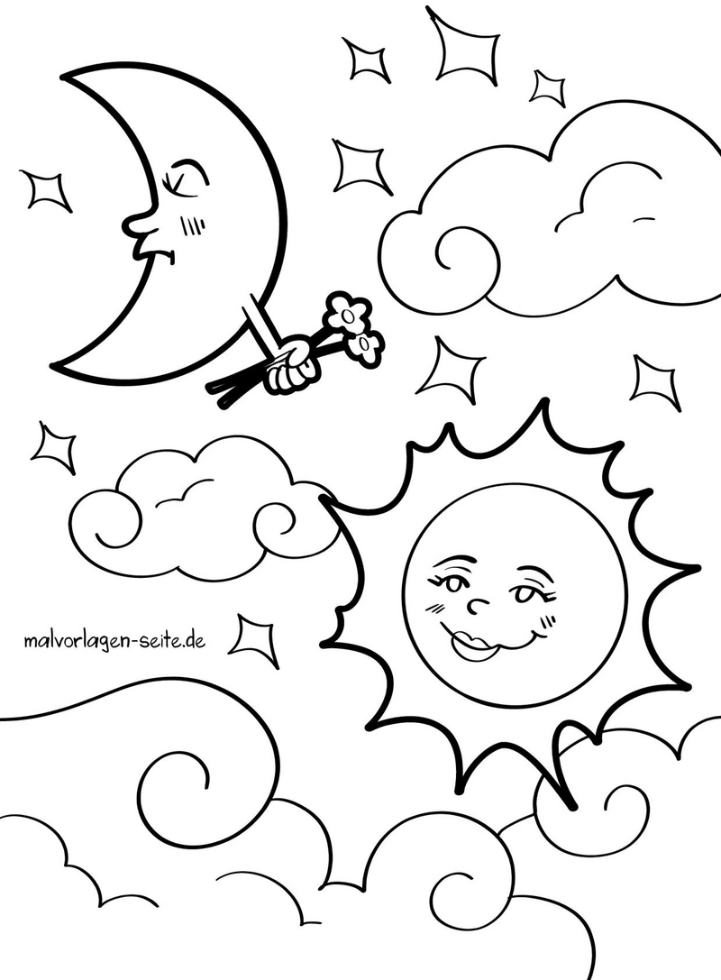 malvorlage-sonne-mond-blumen-wolken-stars