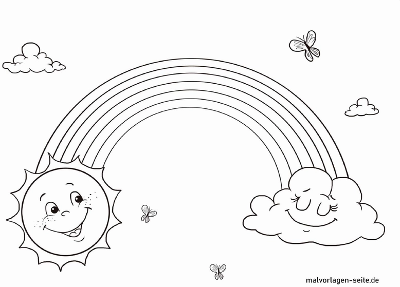 malvorlage-sonne-und-regenbogen-mit-schmetterlingen