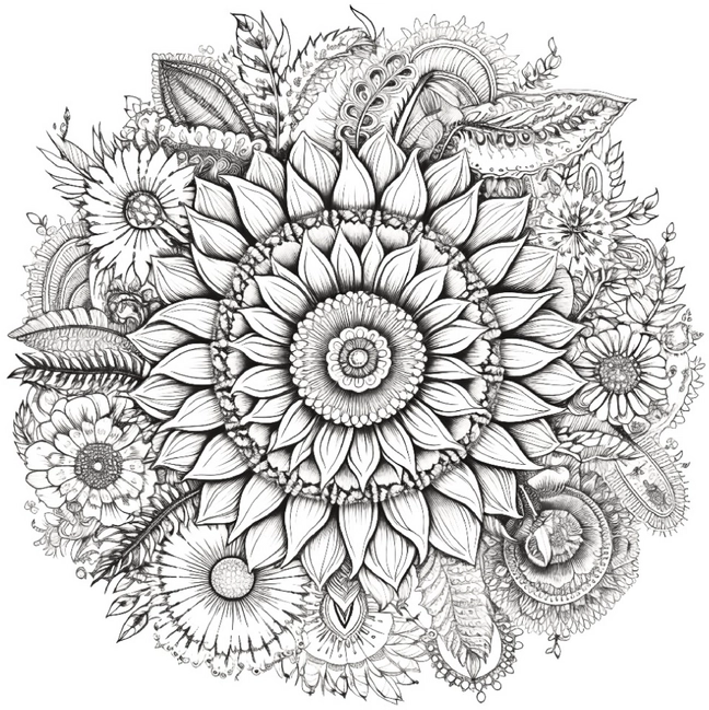malvorlage-sonnenblumen-und-blumenmuster-kreativ-ausmalen