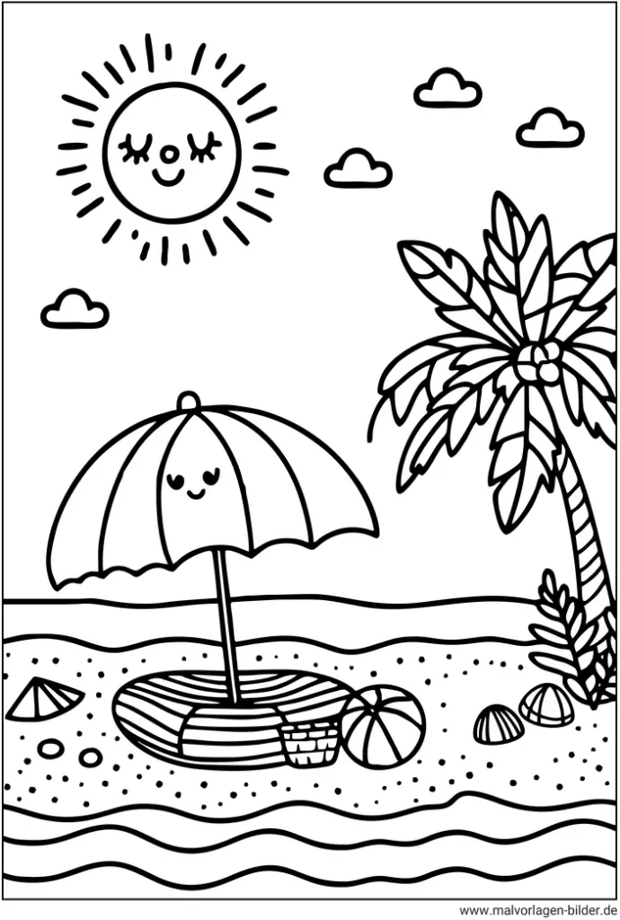 malvorlage-sonniger-strand-mit-palmbaeumen