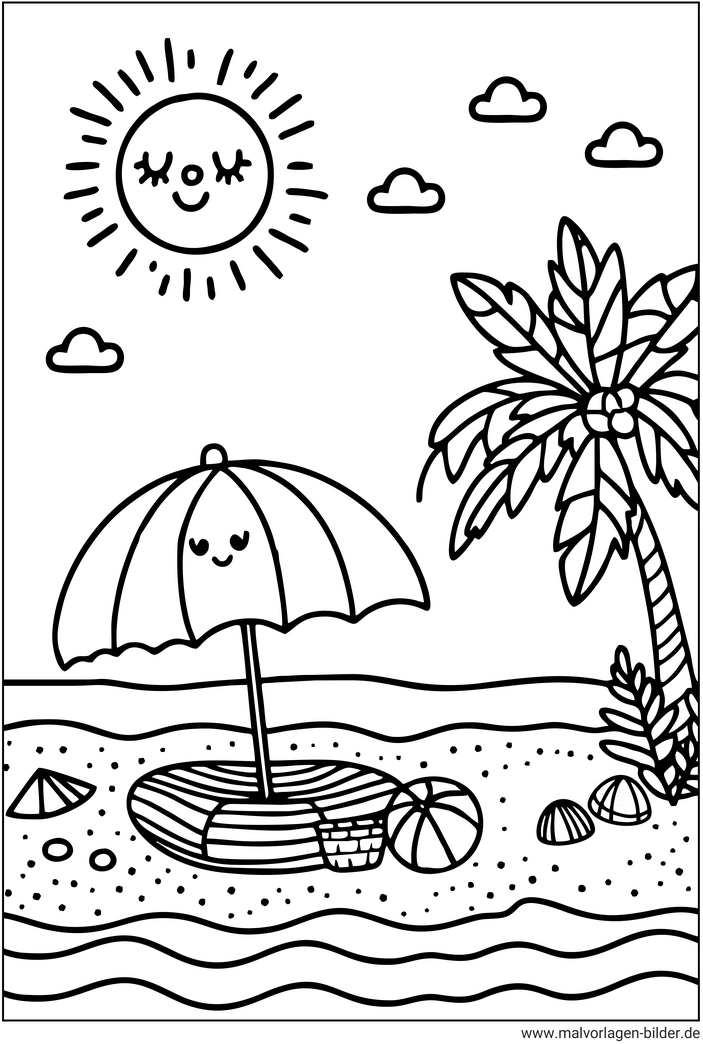malvorlage-sonniger-strand-mit-palmbaeumen