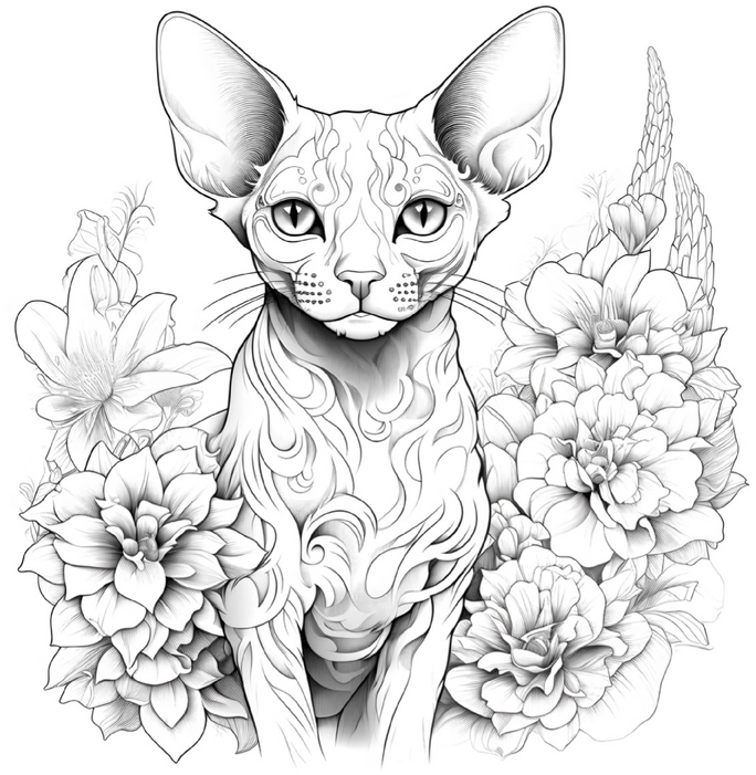 malvorlage-sphynx-katze-mit-blumenmotiv