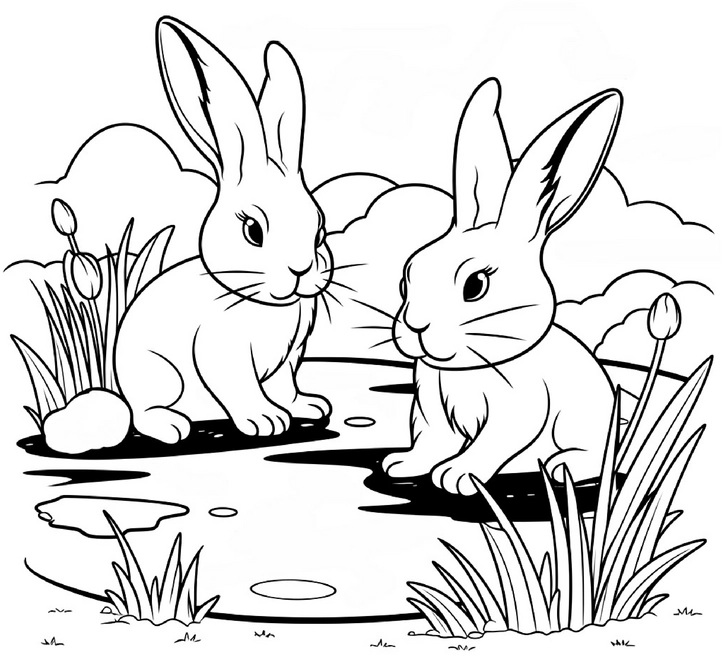 malvorlage-spielende-kaninchen-in-der-natur