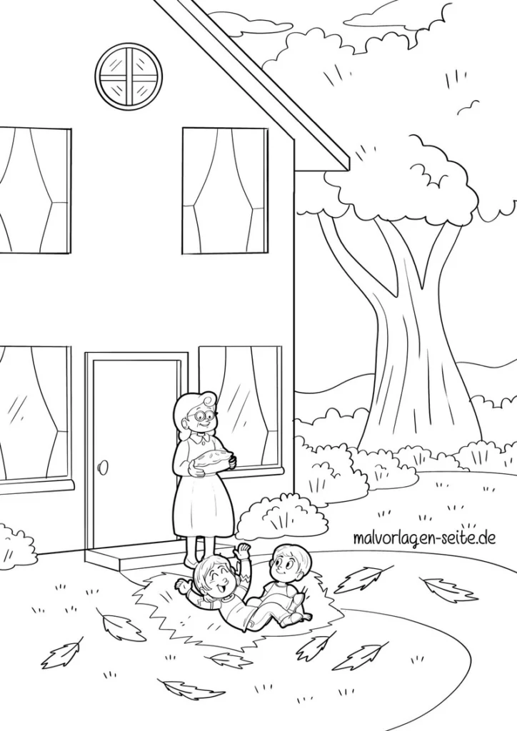 malvorlage-spielende-kinder-grossmutter-vor-einem-haus