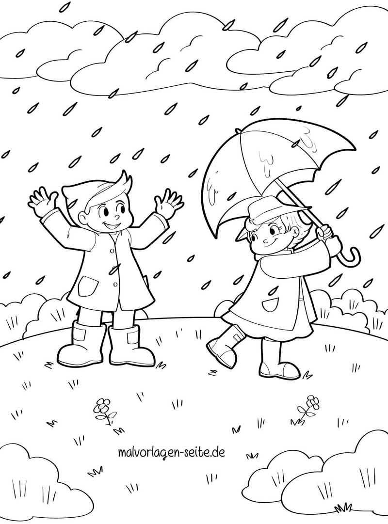 malvorlage-spielende-kinder-im-regen-mit-regenschirm