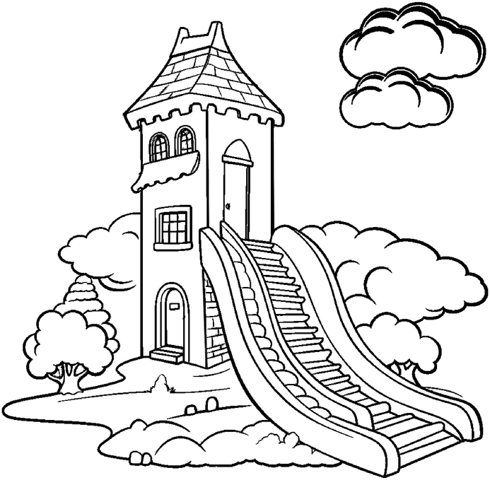 malvorlage-spielturm-mit-rutsche-und-wolken