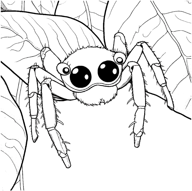 malvorlage-spinne-auf-blatt-mit-grossen-augen