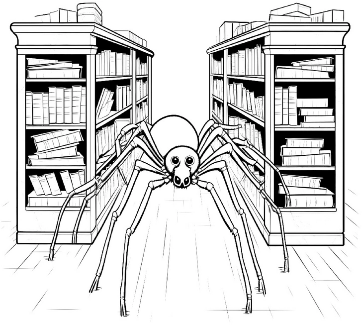 malvorlage-spinne-in-buecherei