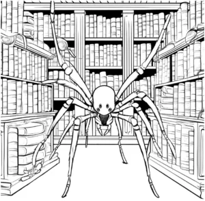 malvorlage-spinne-in-der-bibliothek