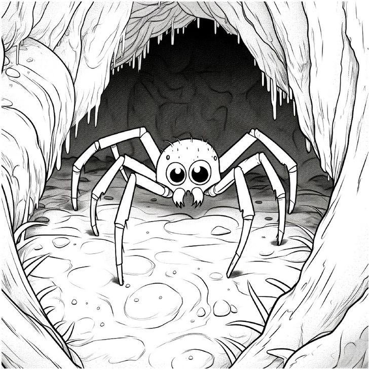 malvorlage-spinne-in-einer-geheimnisvollen-hoehle