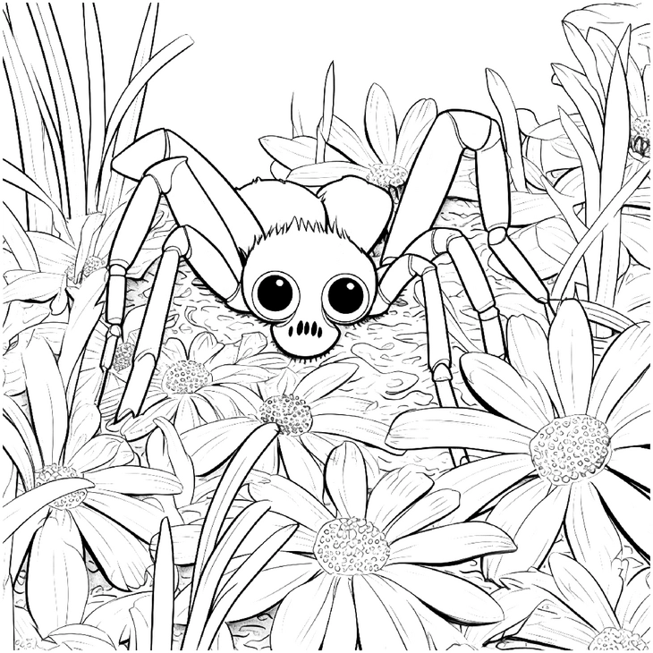 malvorlage-spinne-und-blumen-ausmalbild