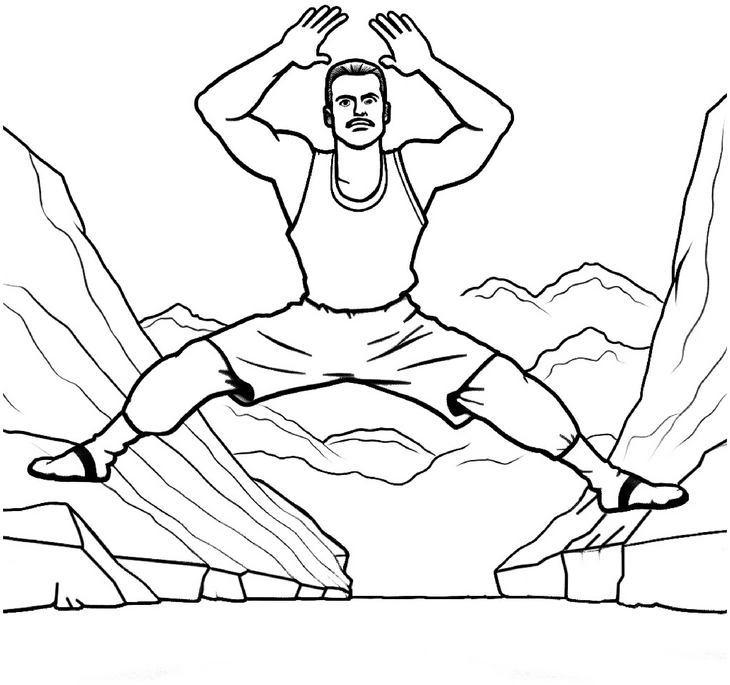 malvorlage-sportler-im-sprung-zwischen-felsen
