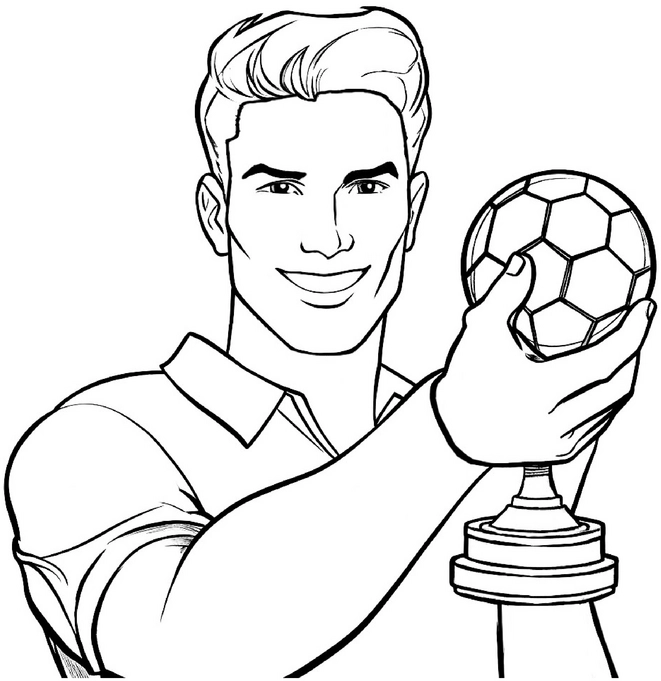 malvorlage-sportler-mit-pokal-und-fussball