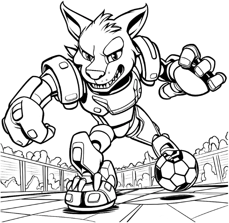 malvorlage-sportliche-hyaene-im-roboteranzug-mit-fussball