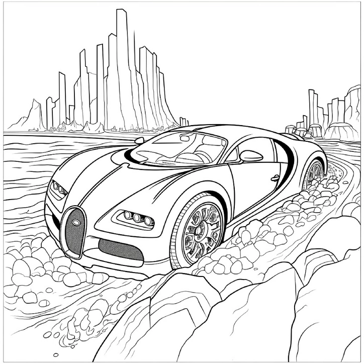 malvorlage-sportliches-auto-in-impressionanter-landschaft