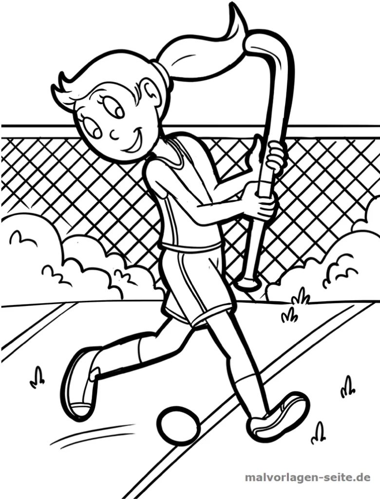 malvorlage-sportliches-kind-beim-hockey-spielen