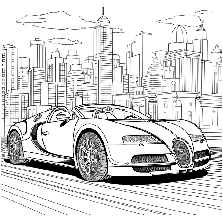 malvorlage-sportwagen-in-der-stadt